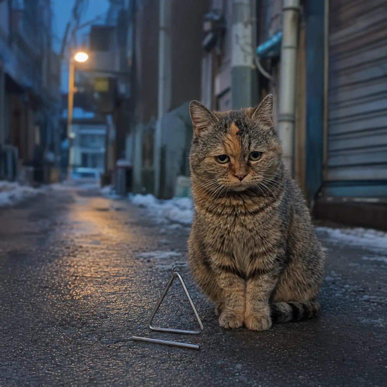 光噹 as a stray, sitting in a snow-lined alley at blue dusk with her small metal triangle and beater resting on the wet asphalt in front of her.