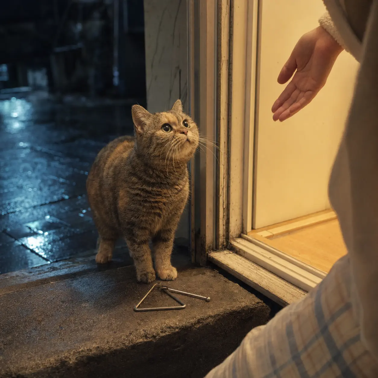 光噹 standing on a doorstep at night, looking up at a hand reaching out from a warm amber doorway, her triangle lying on the concrete step beside her.