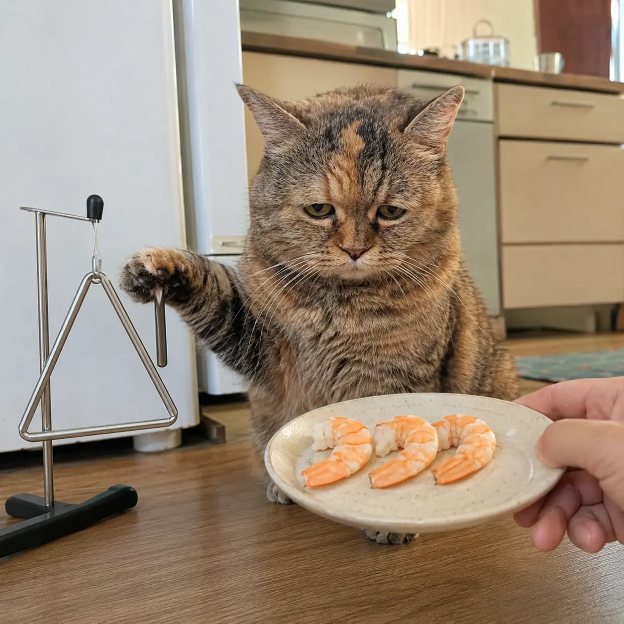 光噹 in a kitchen with one paw raised against her triangle while a hand lowers a ceramic plate holding exactly three cooked shrimp.