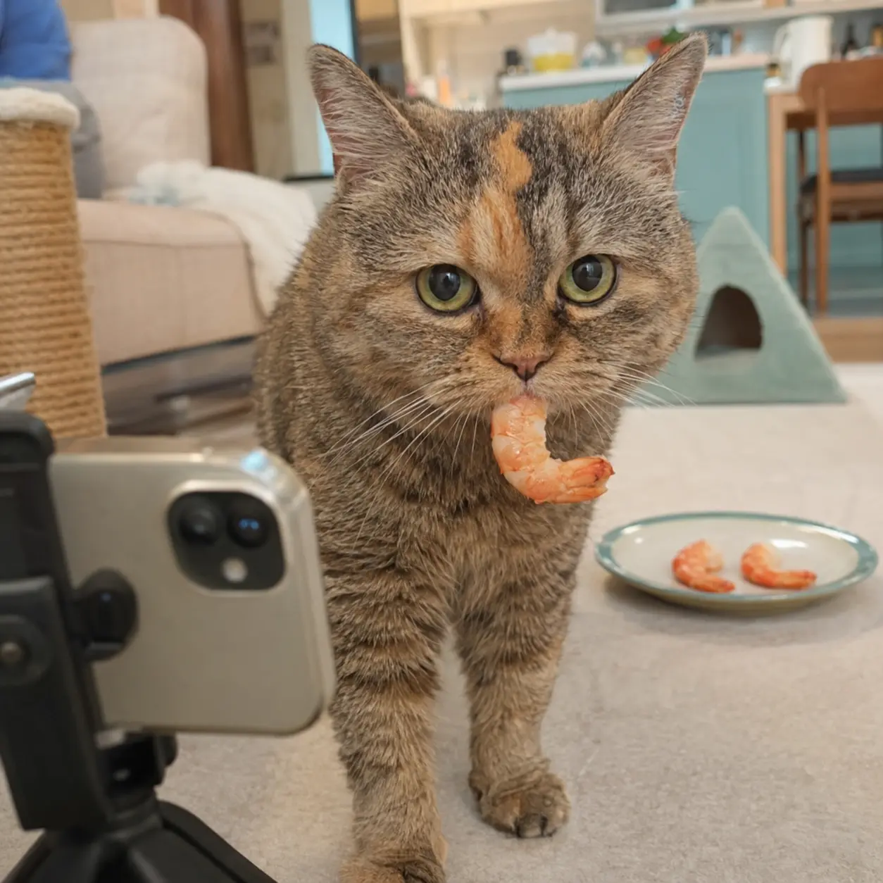 光噹 walking straight toward a phone mounted on a tripod with a shrimp held in her mouth and two more waiting on a plate behind her.