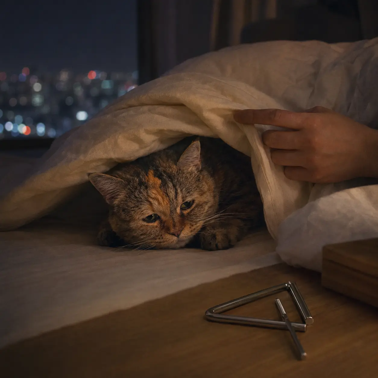 光噹 tucked under a cream duvet at night while a hand lifts the blanket edge, her triangle resting on the nightstand and city lights glowing outside the window.