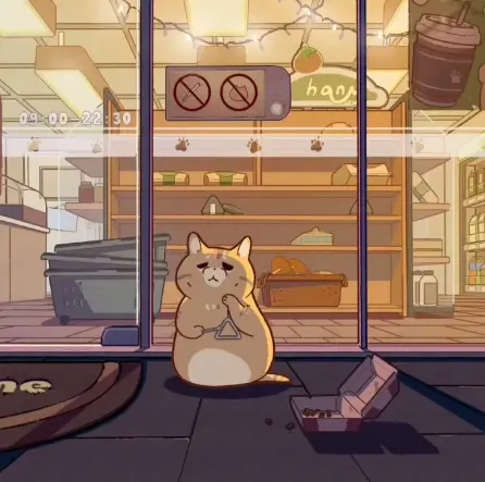 Illustration of 光噹 as a round cartoon cat holding her triangle while sitting outside a closed shop window at night.